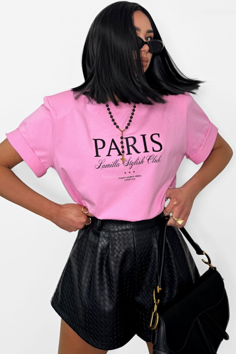 Oversizowy t-shirt bluzka z haftowanym napisem Paris La Milla różowy