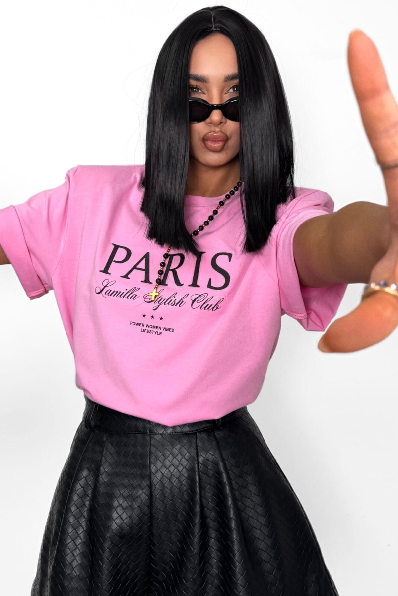 Oversizowy t-shirt bluzka z haftowanym napisem Paris La Milla różowy