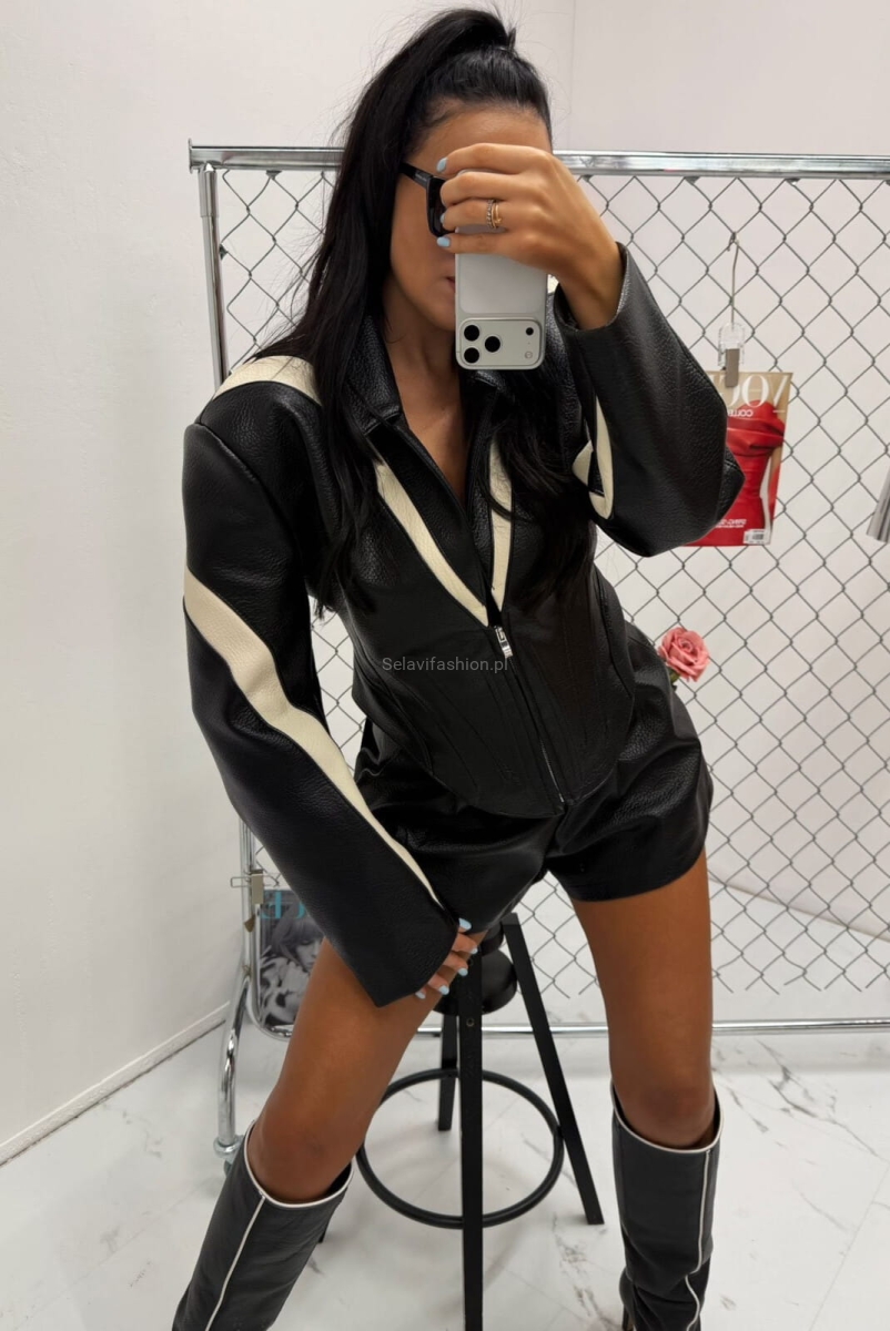 Kurtka ramoneska gorsetowa eko skóra La Milla czarna z białym 