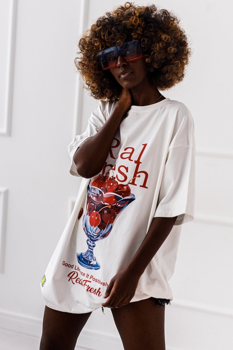 Długi t-shirt bluzka Wiśnie Miss City biała