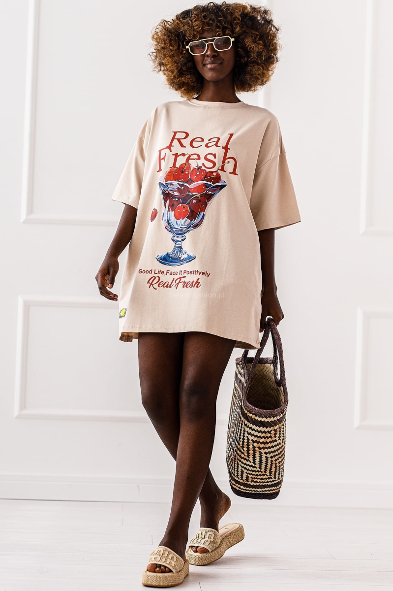 Długi t-shirt bluzka Wiśnie Miss City beżowa