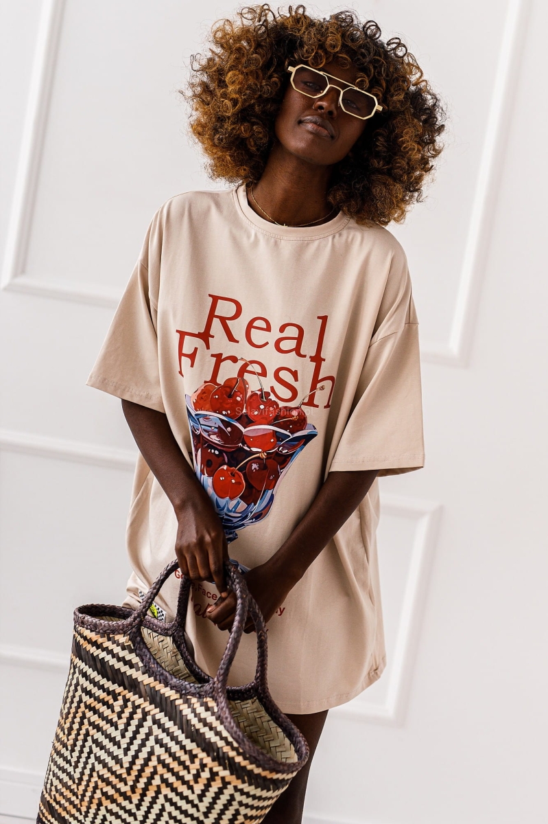 Długi t-shirt bluzka Wiśnie Miss City beżowa