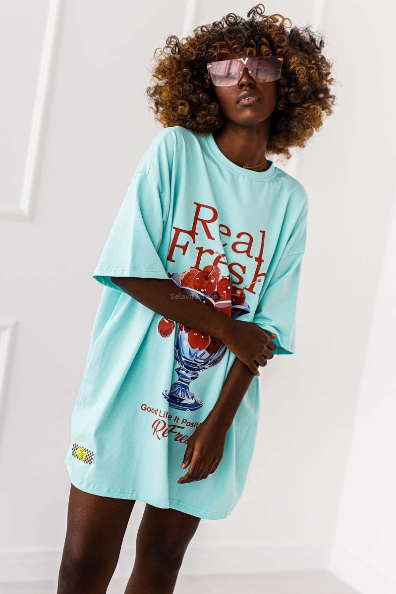 Długi t-shirt bluzka Wiśnie Miss City niebieska