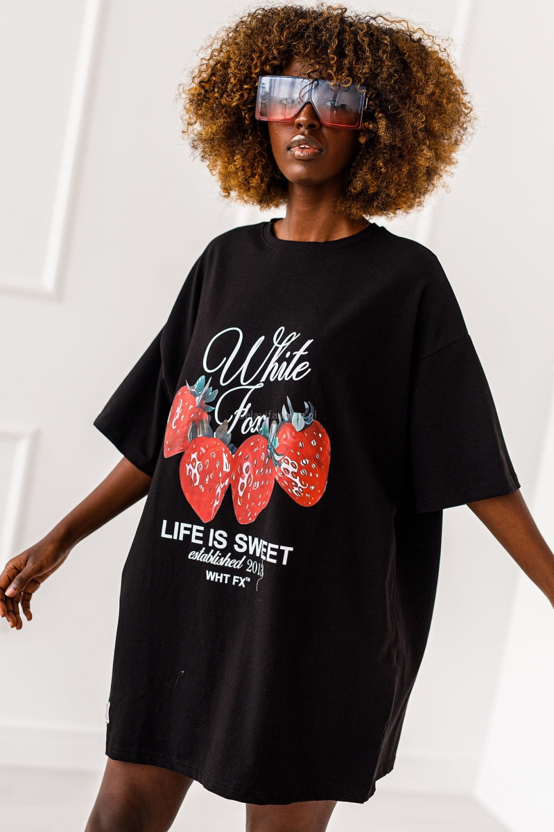 Długi t-shirt bluzka Truskawka Miss City czarna