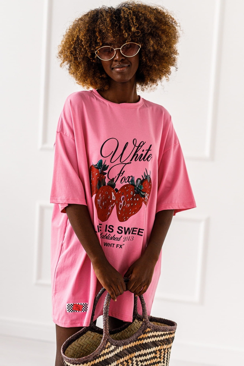 Długi t-shirt bluzka Truskawka Miss City różowa