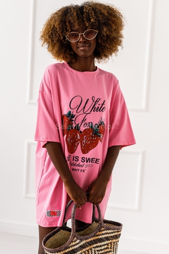 Długi t-shirt bluzka Truskawka Miss City różowa