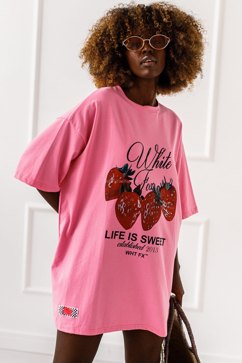 Długi t-shirt bluzka Truskawka Miss City różowa