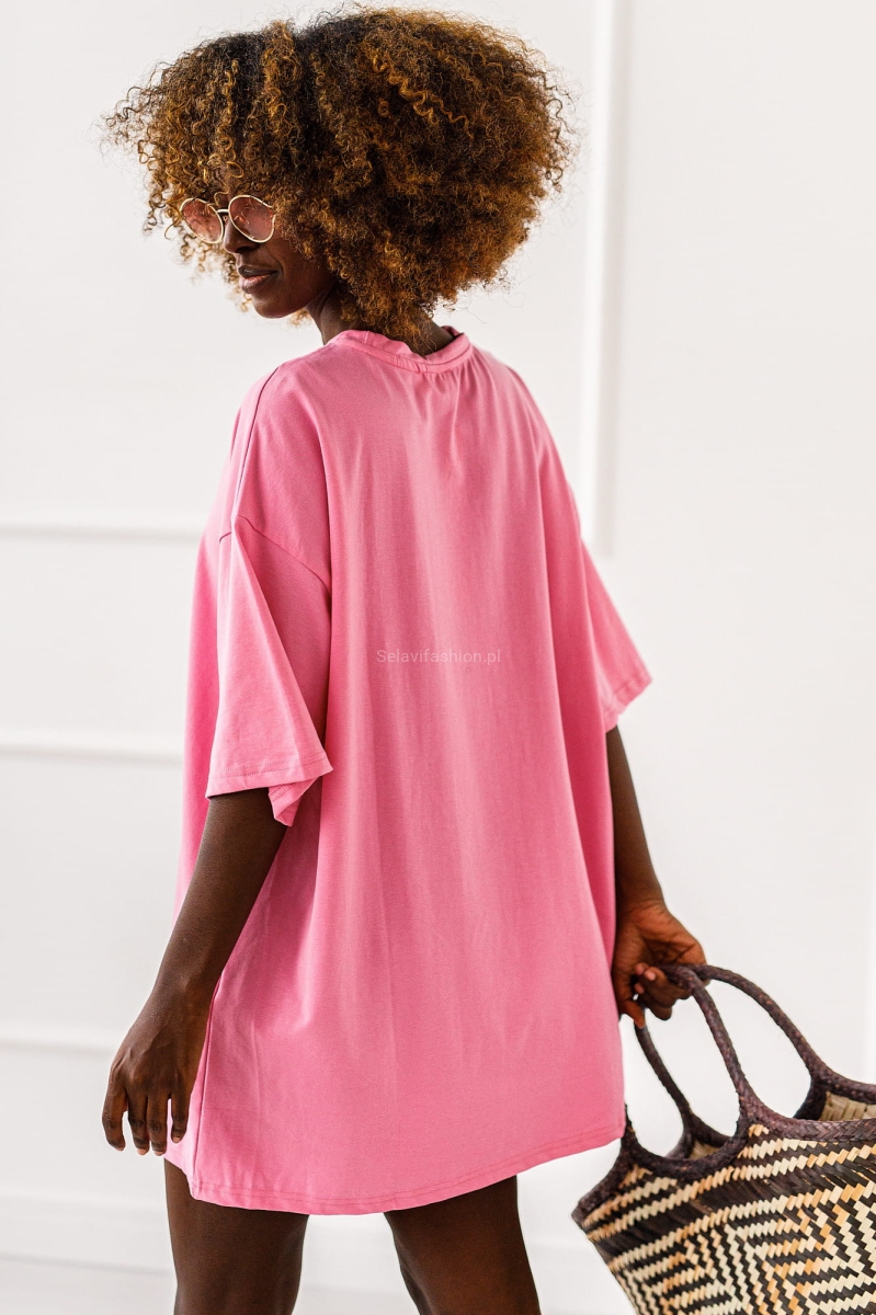 Długi t-shirt bluzka Truskawka Miss City różowa