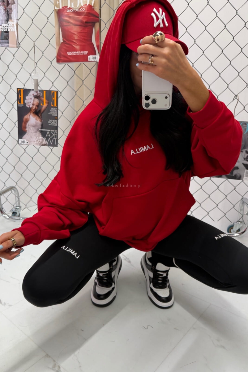 Bluza z kapturem z haftowanym logo La Milla czerwona