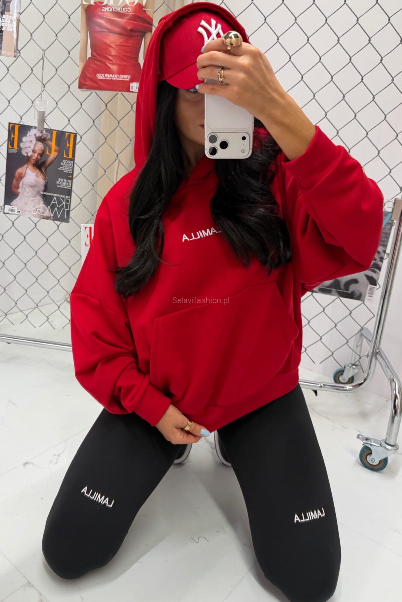 Bluza z kapturem z haftowanym logo La Milla czerwona