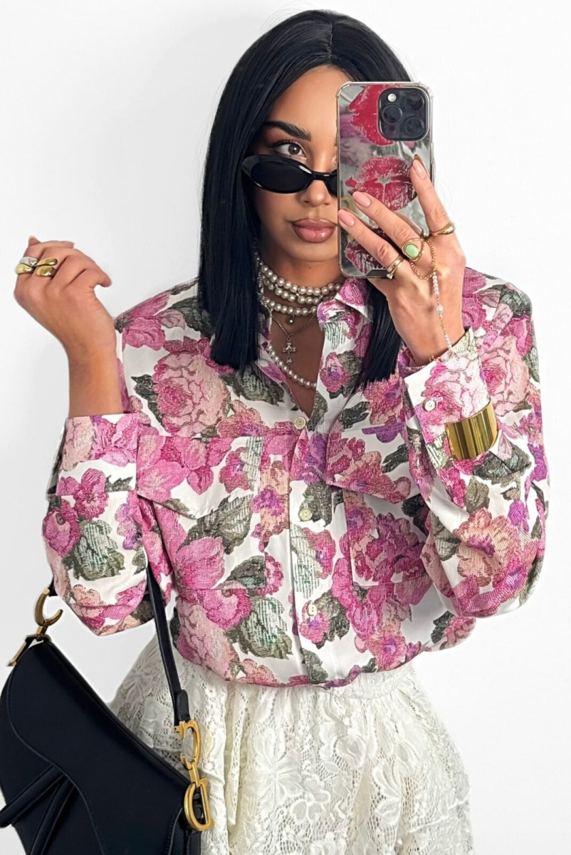 Koszula bluzka LaMilla ecru w różowe kwiaty