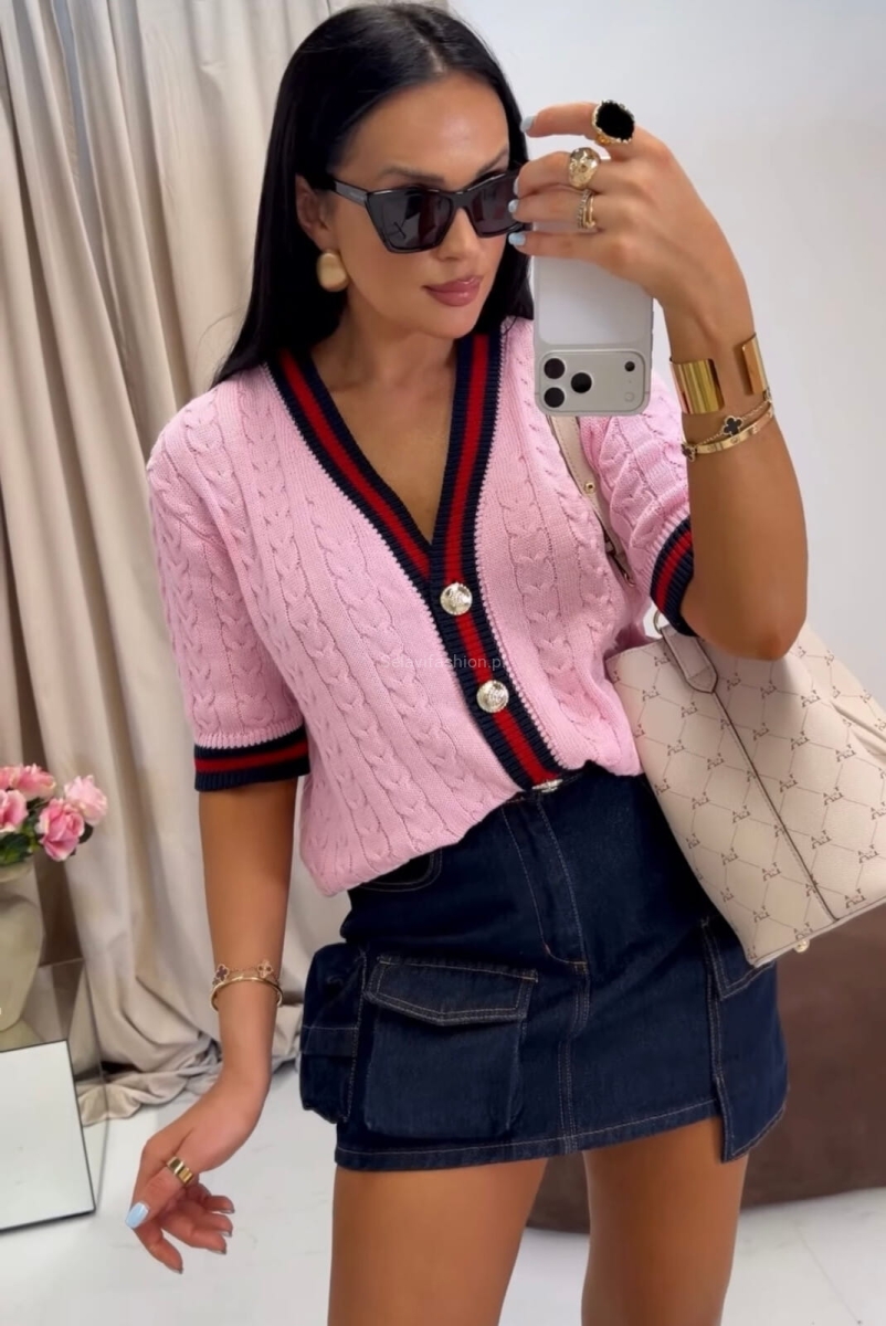 Sweter z krótkim rękawem zapinany na guziki La Milla różowy 