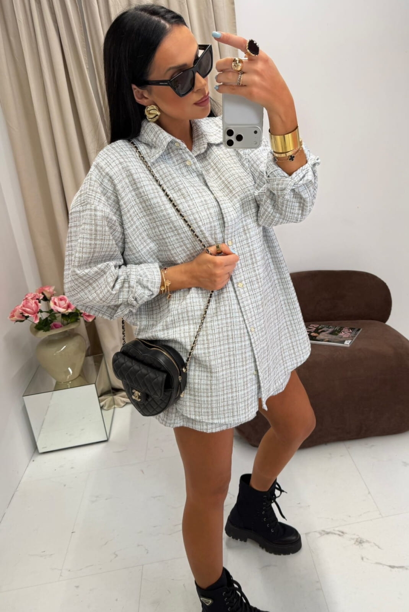 Komplet tweedowy koszula i spodenki La Milla biało niebieski