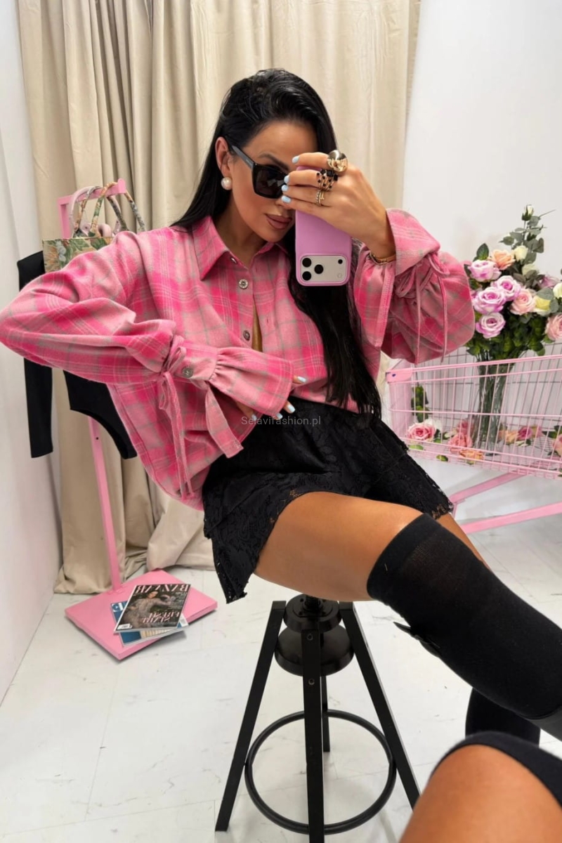 Koszula bawełniana w kratę z szerokimi mankietami La Milla różowa