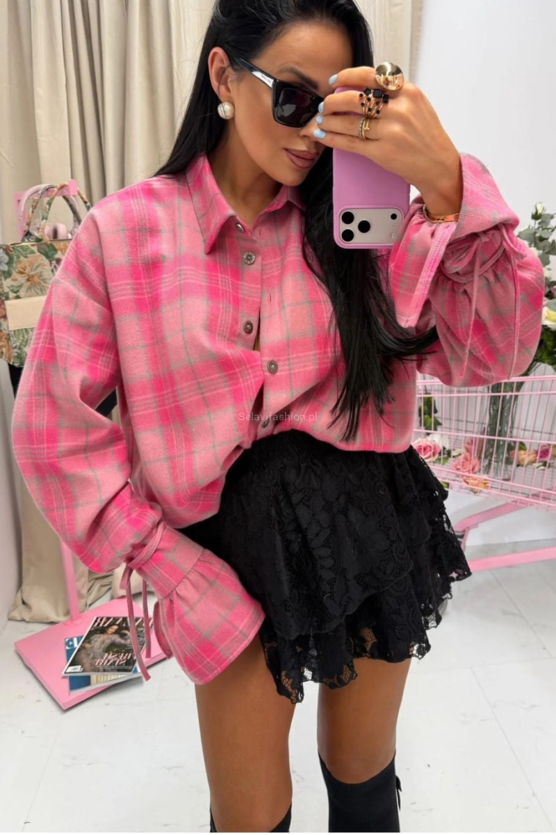 Koszula bawełniana w kratę z szerokimi mankietami La Milla różowa 