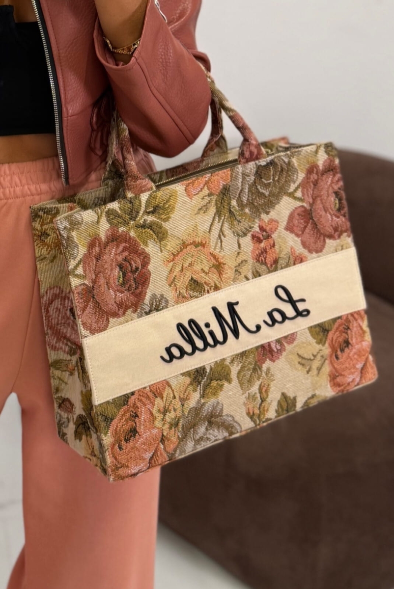 Torba żakardowa Rozalia La Milla różowa z czarnym napisem