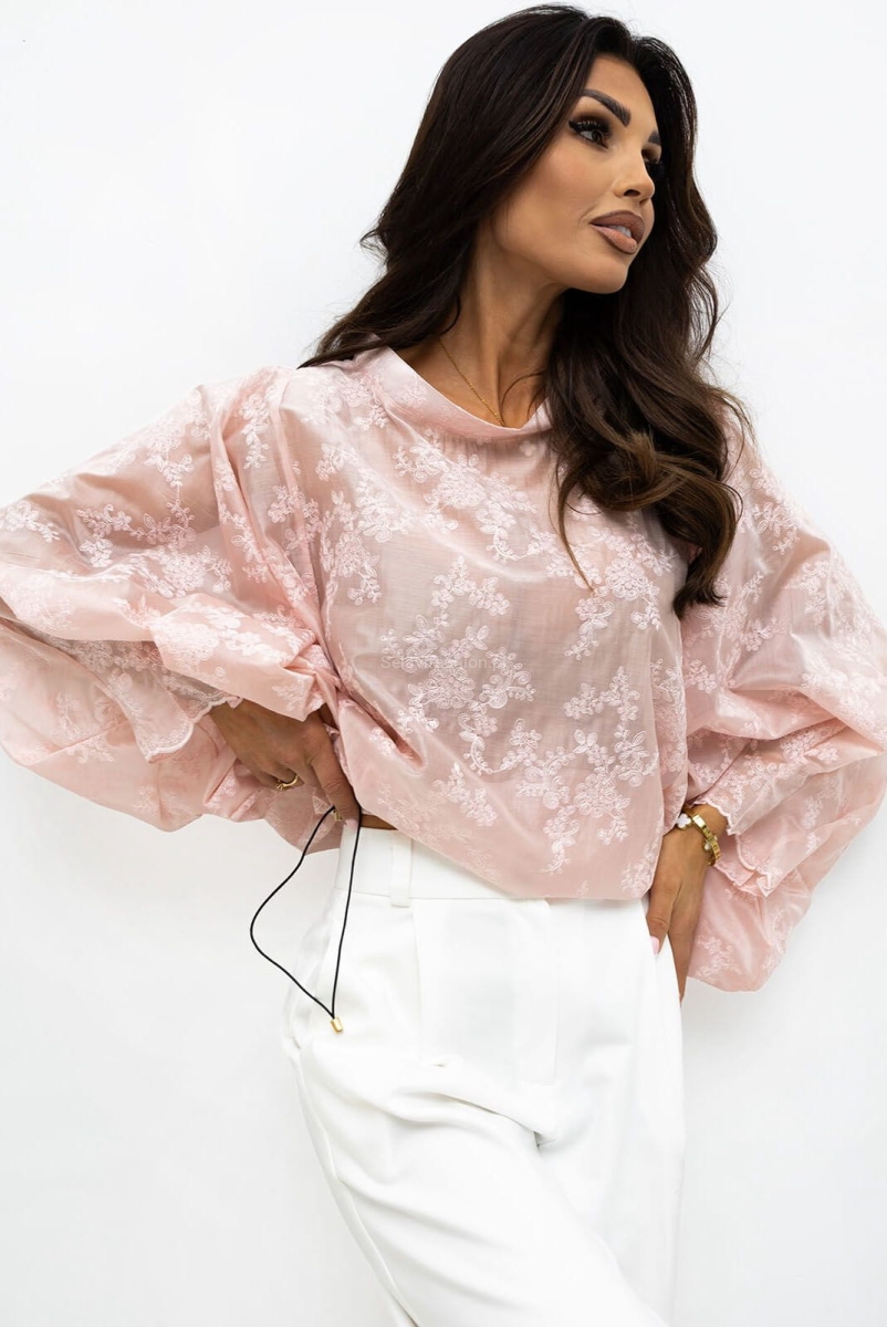 Bluzka kimono AMELIA mgiełka w haftowane kwiaty Lavestino różowa 