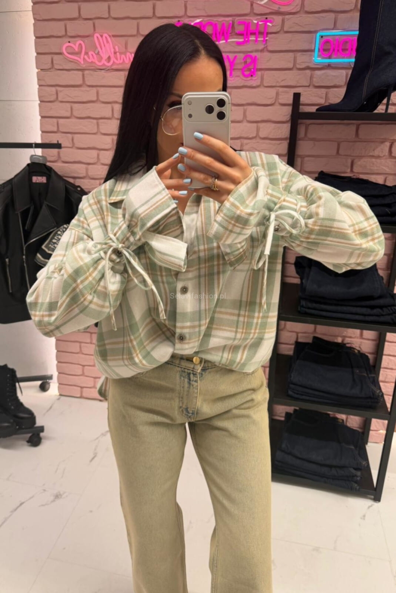 Koszula bawełniana w kratę z szerokimi mankietami La Milla matcza pistacjowa