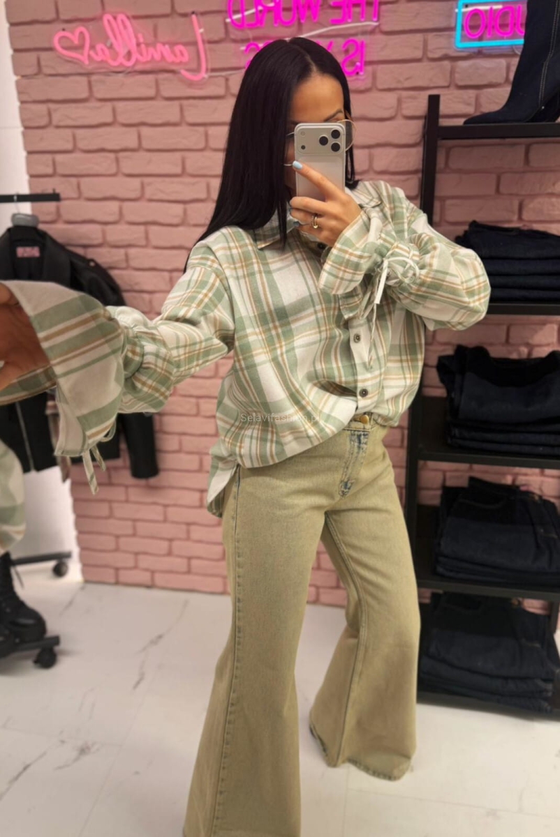 Koszula bawełniana w kratę z szerokimi mankietami La Milla matcza pistacjowa