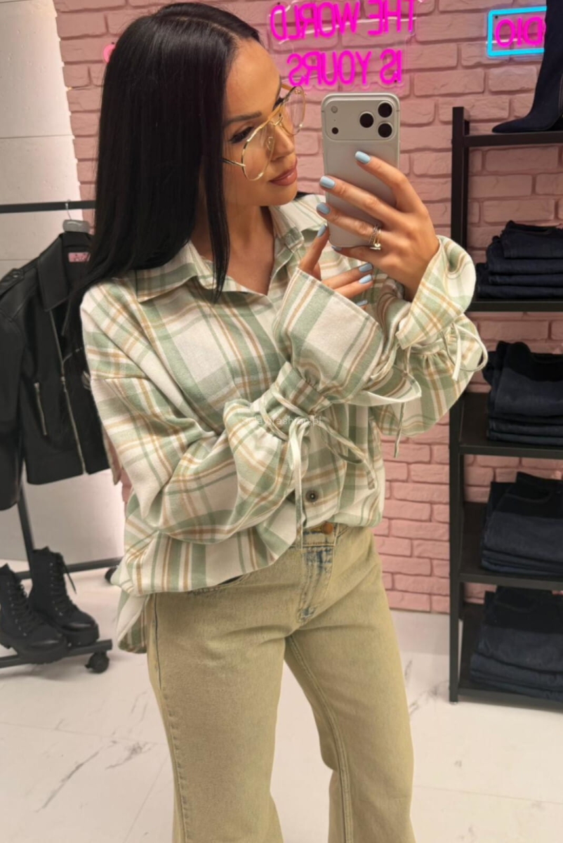 Koszula bawełniana w kratę z szerokimi mankietami La Milla matcha pistacjowa