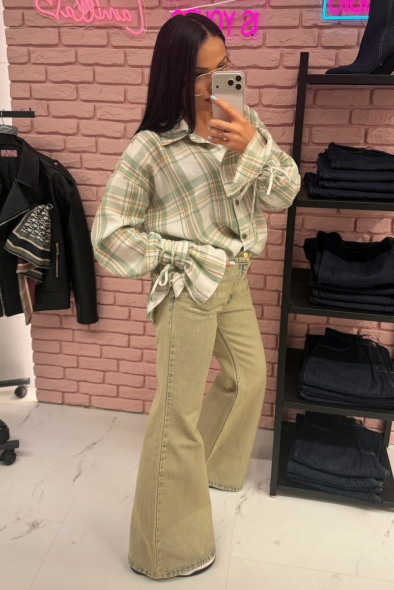 Koszula bawełniana w kratę z szerokimi mankietami La Milla matcha pistacjowa