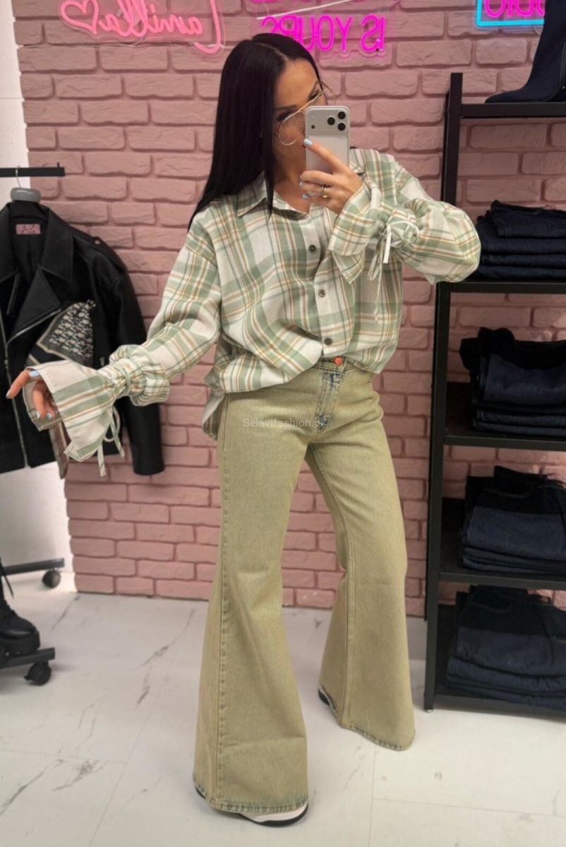 Koszula bawełniana w kratę z szerokimi mankietami La Milla matcha pistacjowa