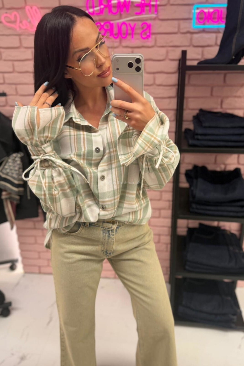 Koszula bawełniana w kratę z szerokimi mankietami La Milla matcha pistacjowa