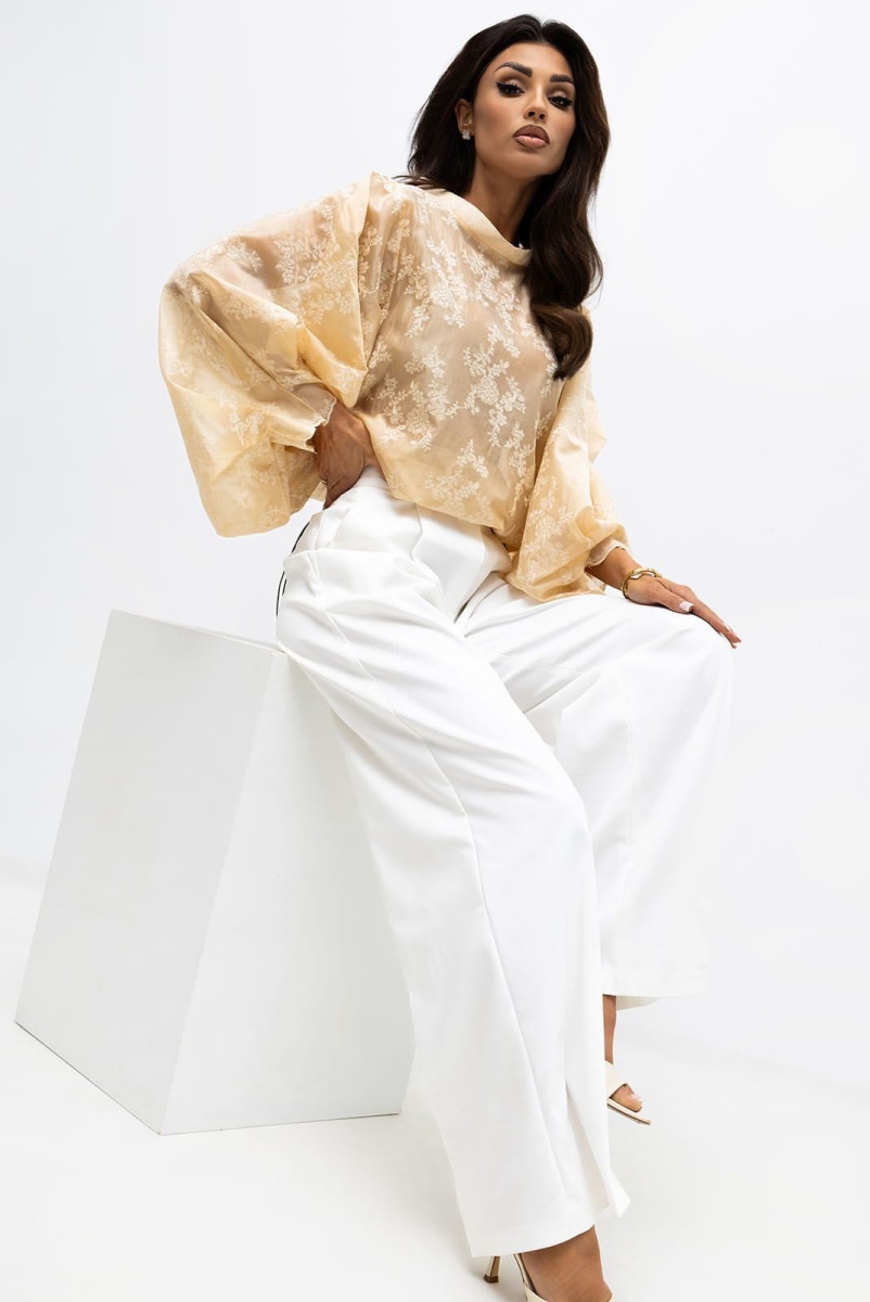 Bluzka kimono AMELIA mgiełka w haftowane kwiaty Lavestino beżowa