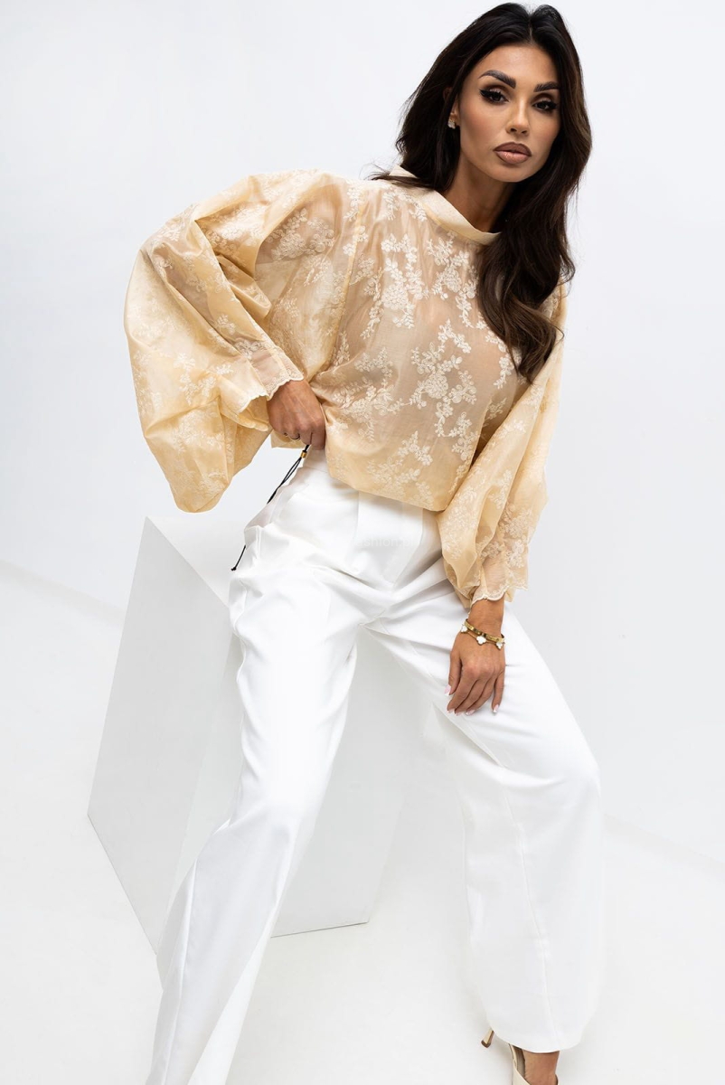 Bluzka kimono AMELIA mgiełka w haftowane kwiaty Lavestino beżowa