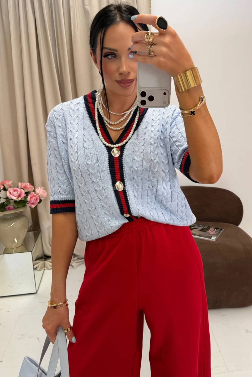 Sweter z krótkim rękawem zapinany na guziki La Milla niebieski 