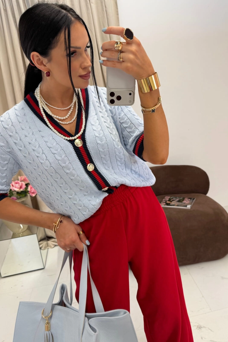 Sweter z krótkim rękawem zapinany na guziki La Milla niebieski