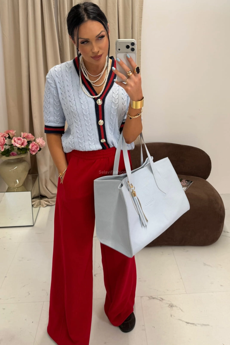 Sweter z krótkim rękawem zapinany na guziki La Milla niebieski