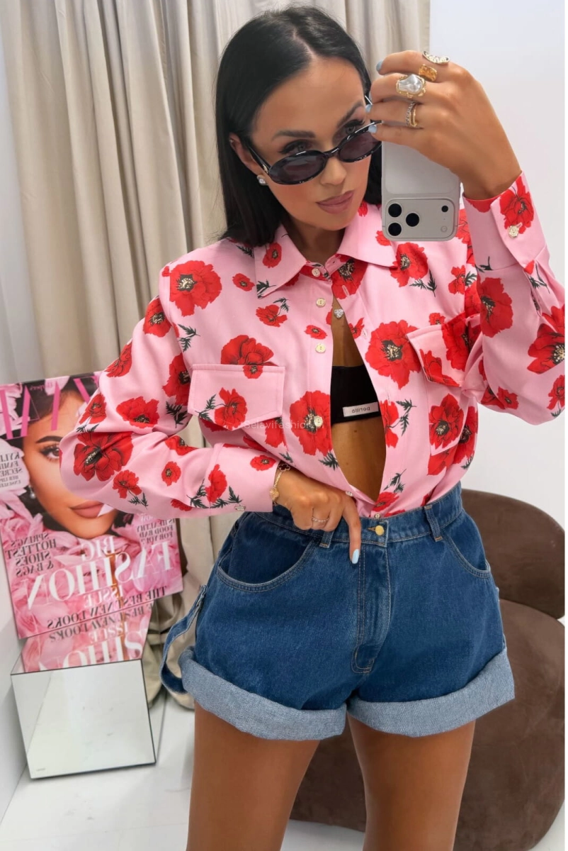 Koszula bluzka w czerwone maki La Milla różowa 