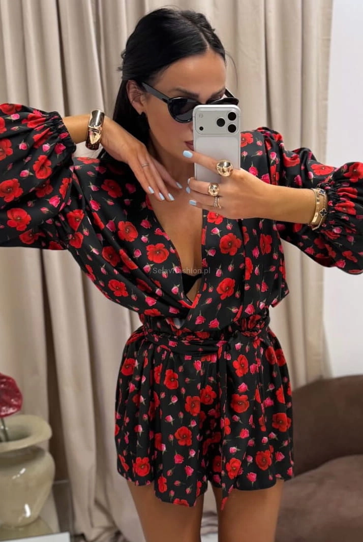 Kombinezon w czerwone maki La Milla czarny