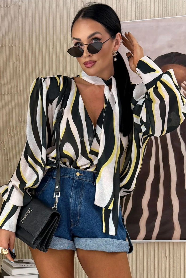 Bluzka koszulowa z wiązaniem w pasy La Milla czarno biała