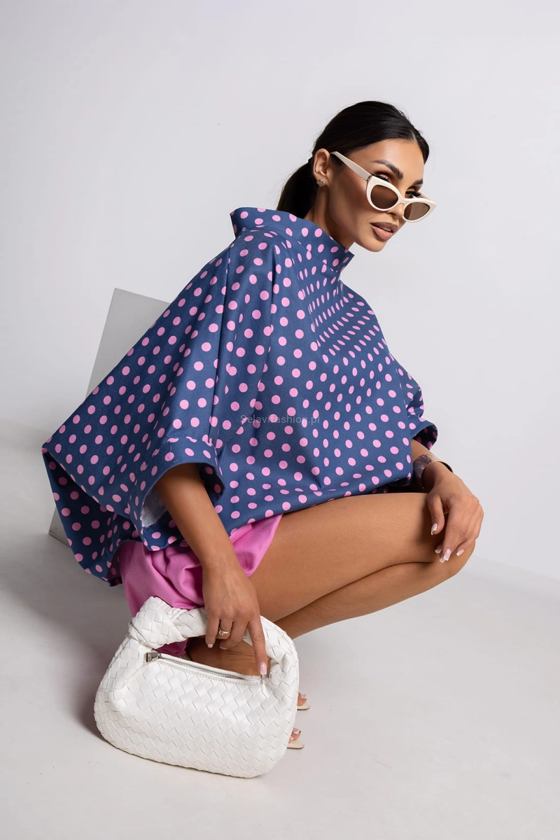 Bluzka Kimono Dot w groszki Miss City Official niebieska z różowym
