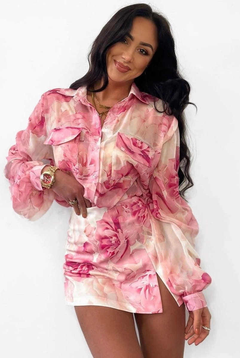 Komplet koszula i spódniczko spodenki w pastelowe kwiaty Rose LaMilla różowy w Selavifashion.pl