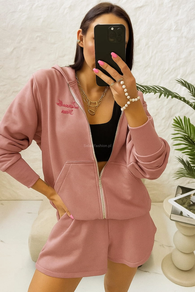 Komplet bluza na zamek i spodenki z haftowanym logo La Milla brudny róż 