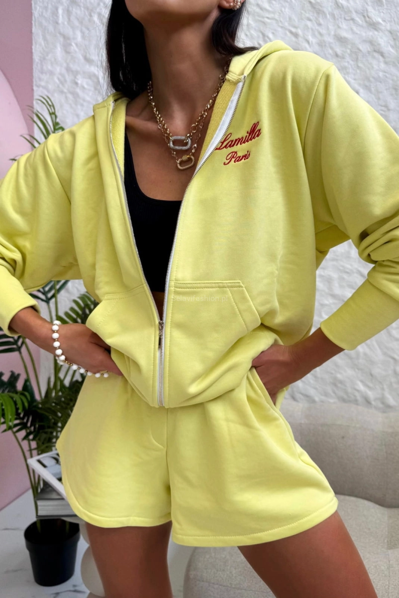 Komplet bluza na zamek i spodenki z haftowanym logo LaMilla żółty
