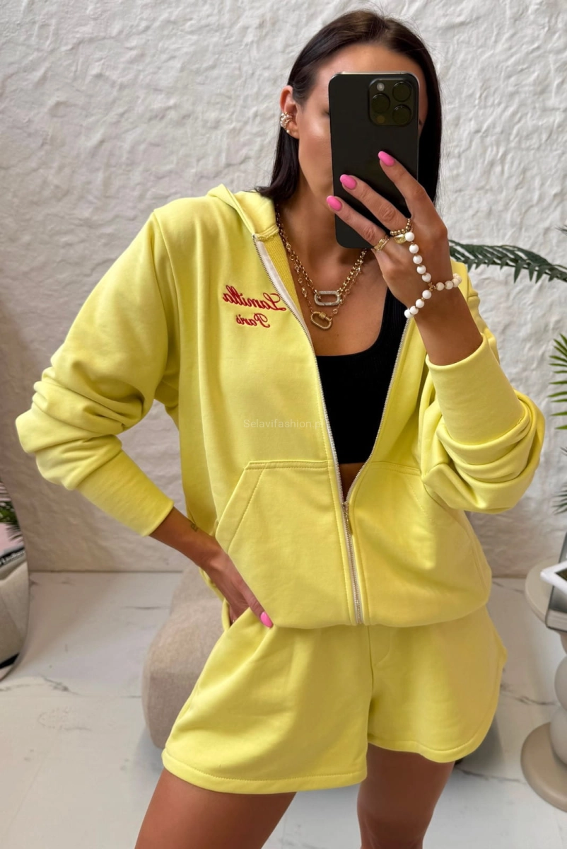 Komplet bluza na zamek i spodenki z haftowanym logo LaMilla żółty