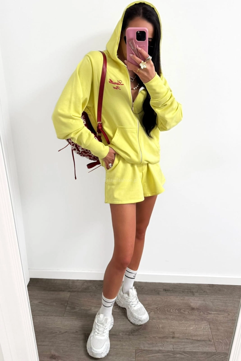 Komplet bluza na zamek i spodenki z haftowanym logo LaMilla żółty