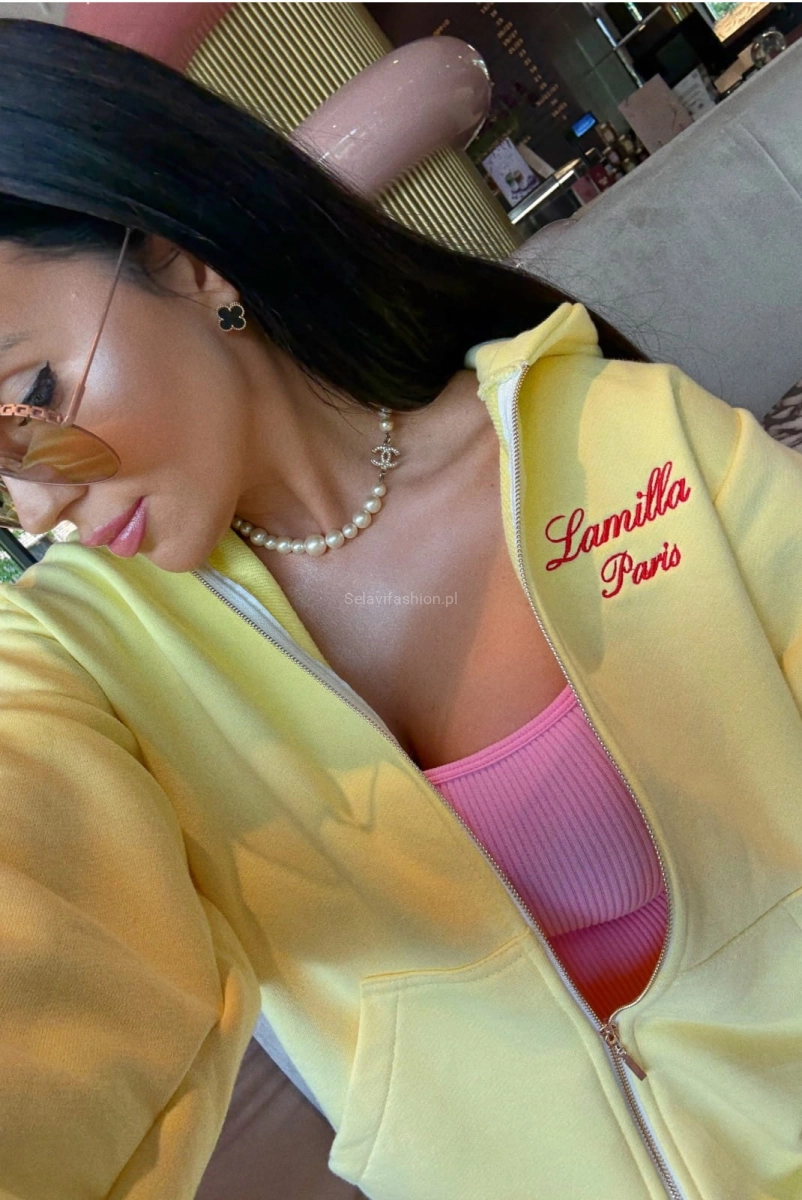 Komplet bluza na zamek i spodenki z haftowanym logo LaMilla żółty