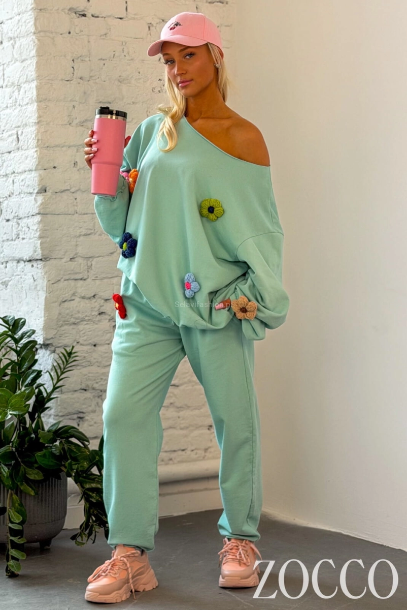 Komplet bawełniany bluza i spodnie z naszywkami FLOWER Zocco miętowy  