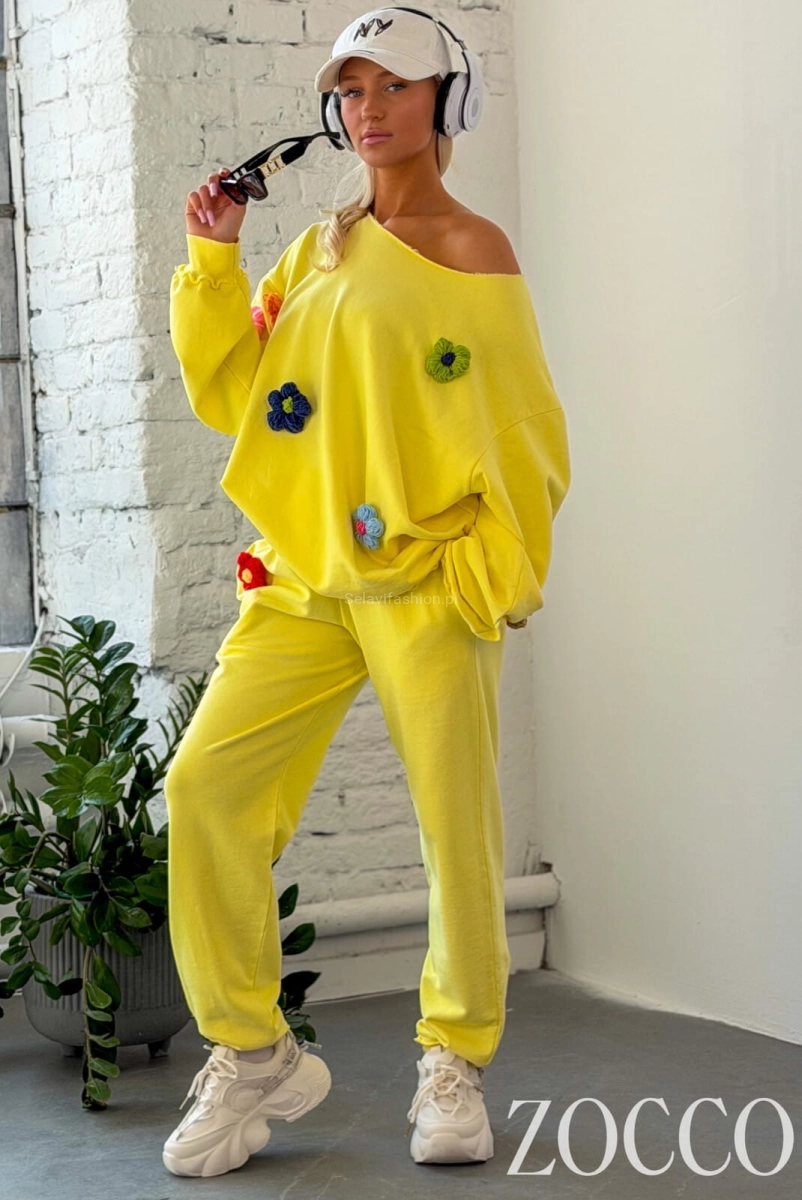 Komplet bawełniany bluza i spodnie z naszywkami FLOWER Zocco żółty 