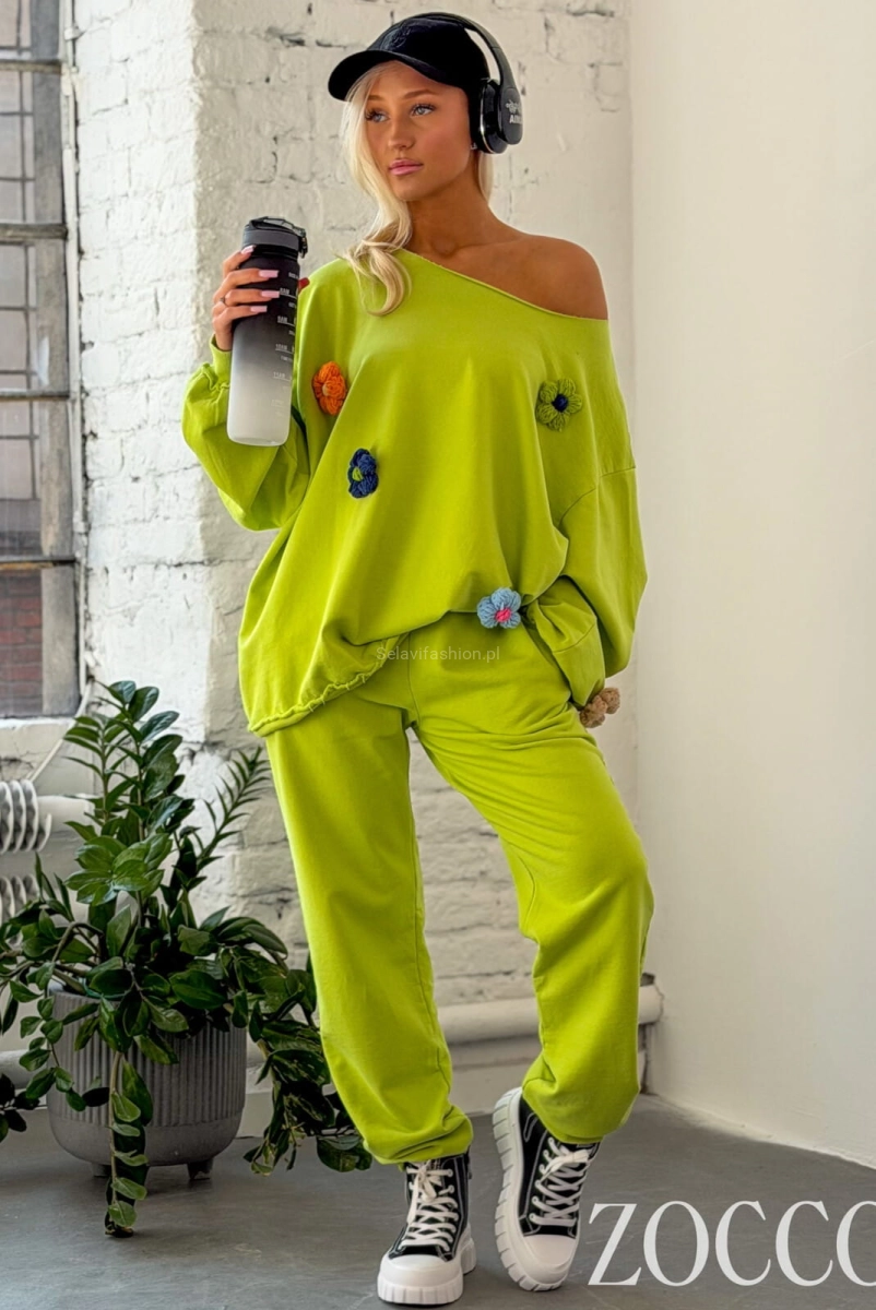 Komplet bawełniany bluza i spodnie z naszywkami FLOWER Zocco zielony