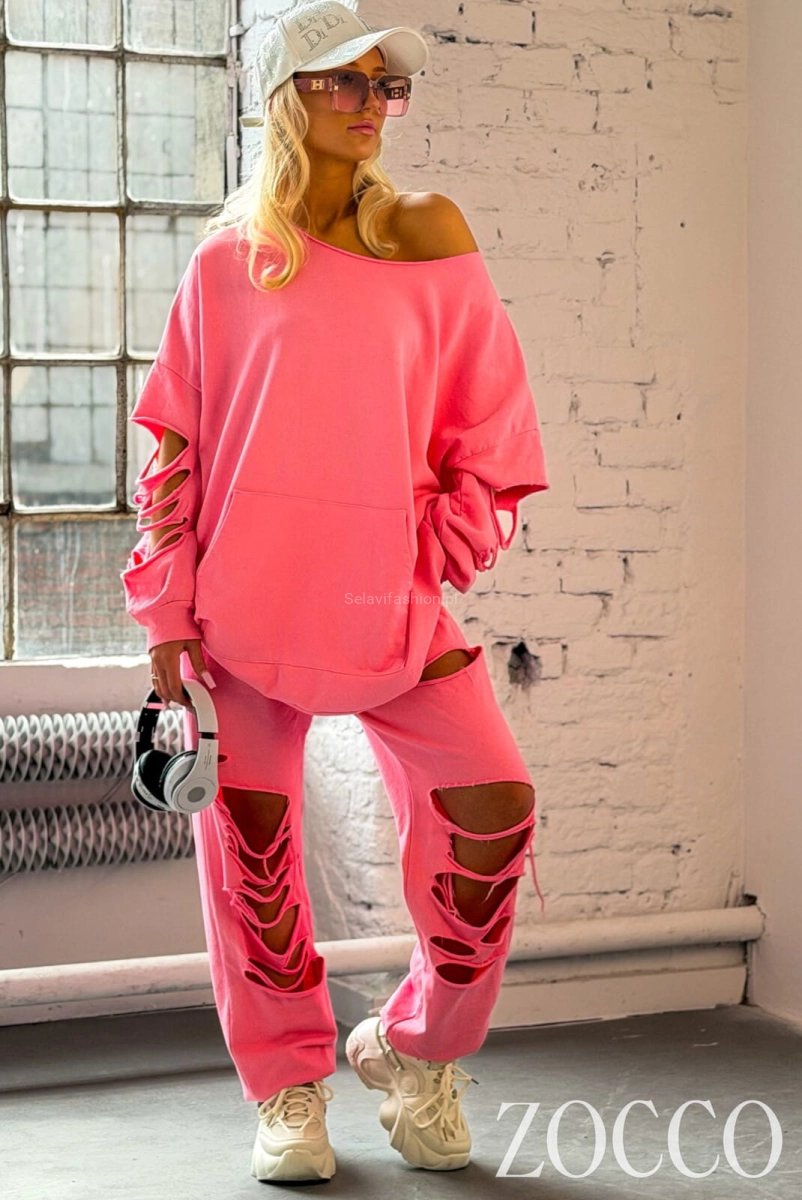 Luźny komplet bawełniany bluza i spodnie Zocco fuksja 