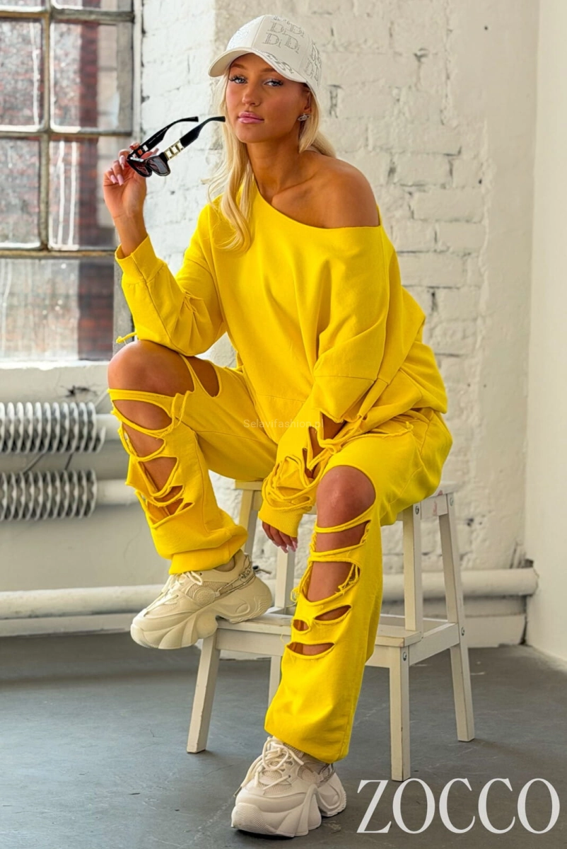 Luźny komplet bawełniany bluza i spodnie Zocco żółty