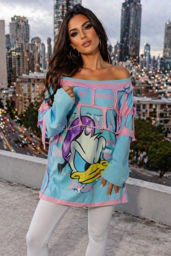 Obszerna dłuższa bluza z nadrukiem DUCK Zocco niebieska