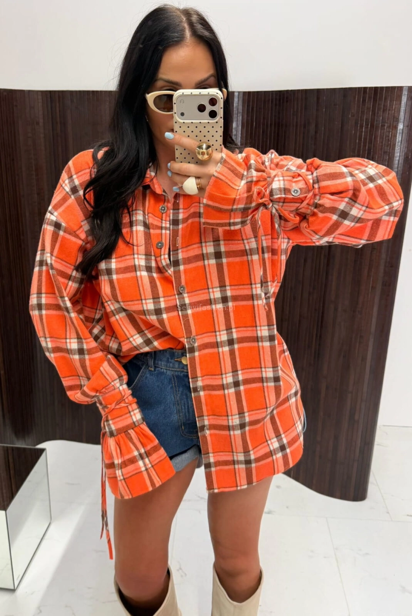 Koszula bawełniana w kratę z szerokimi mankietami La Milla pomarańczowa