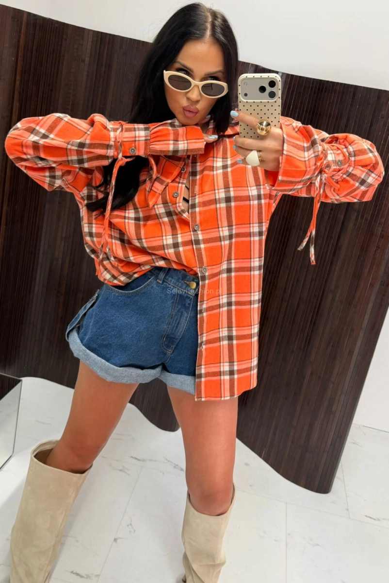 Koszula bawełniana w kratę z szerokimi mankietami La Milla pomarańczowa